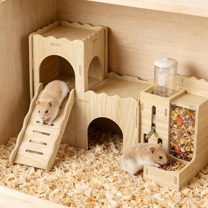 Hamster Hideout House, Multi-Chamber Hamster Castle with Water Bottle, Large Wooden Mouse Playground with Climbing Ladder, Habitat for Syrian Dwarf Gerbils Mice and Small Pets