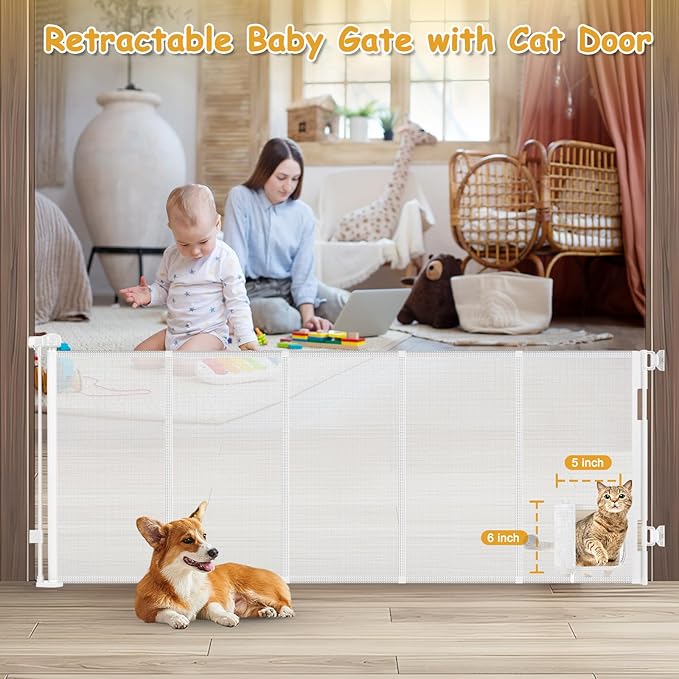 Reinforced 90” Extra Wide Retractable Baby Gate with Cat Door 33 Inch Tall Retractable Gates for Dogs Indoor with Door 7.5 Ft Extra Long Baby Gates for Large Openings Mesh Pet Gate Indoor, White