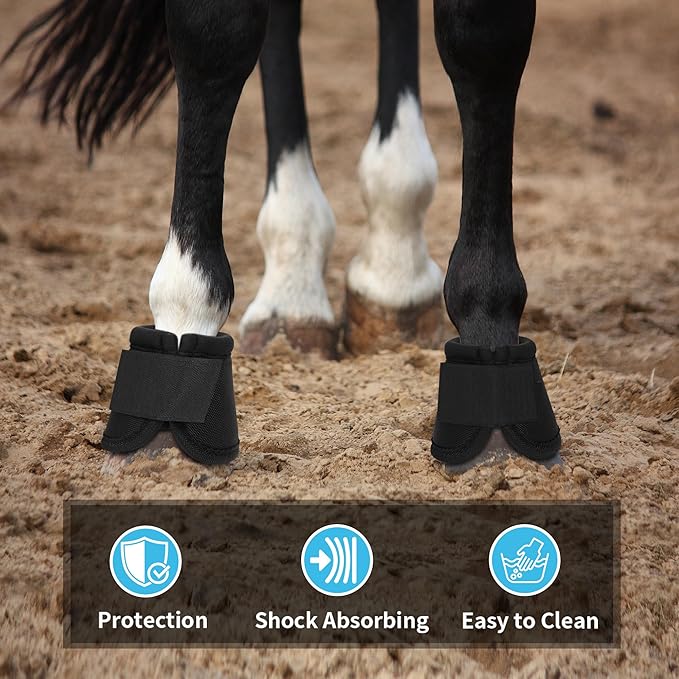 No Turn Bell Boots for Horses Ballistic Hoof Overreach Bell Boot Durable Shock Absorbing Hoof Protection (Black, Large)