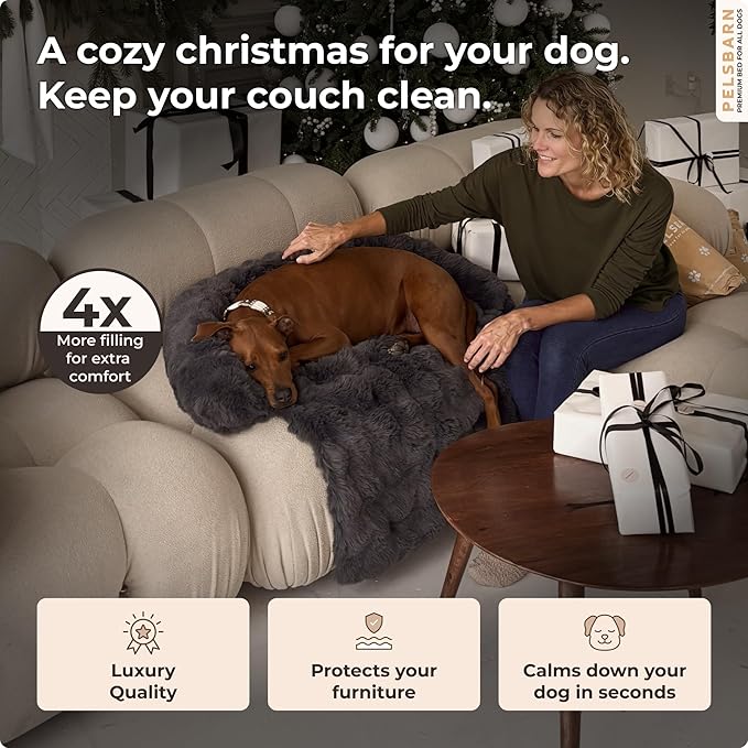 Pelsbarn Dog Bed for Couch, Luxurious Sofa Bed for Dogs with Non-Slip Oxford Bottom - Faux Rabbit Fur with Removable Cover, Large, Gray - 33x33 in