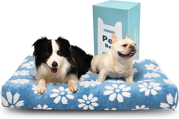 Dog Beds for Extra Large Dogs, Cute Thick Dog Bed for Crate Kennel, Fluffy Pet Bed with Removable Washable Cover and Anti-Slip Bottom, 41"x 28", Blue Flower