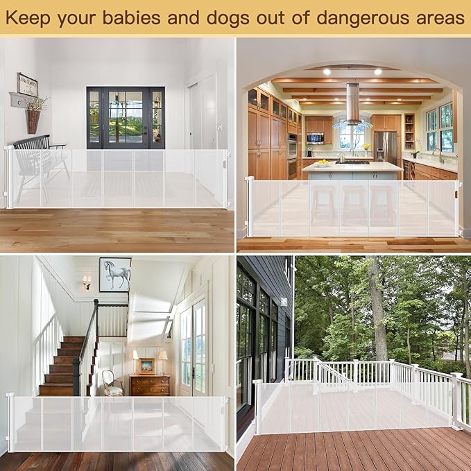 Reinforced 200 Inch Retractable Baby Gates Extra Wide Baby Gate for Large Openings, XL No Sag and Wrinkle Mesh Pet Gates for Wide Openings, Indoor/Outdoor 16 ft Retractable Garage Gate, White