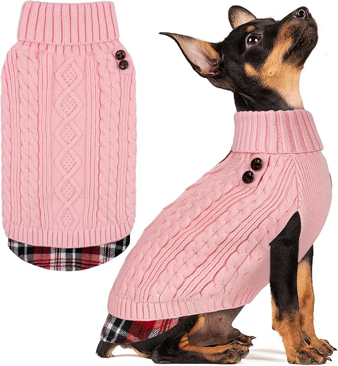KYEESE Dog Sweater Stretchy Knitwear Cat Clothes Comfy Puppy Coat for Fall Winter Cold Weather Warm Turtleneck Small Dogs Sweater with Gingham Patchwork Soft Pullover Dog Sweaters for Small Dogs Girl