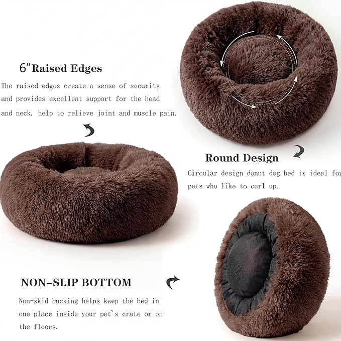 Calming Donut Dogs Beds for Small Dogs Washable,23inch Plush Round Pet Bed for Cozy Sleep,Fluffy Faux Fur Large Cat Bed,Fits up to 25 lbs Pets,Chocolate Brown