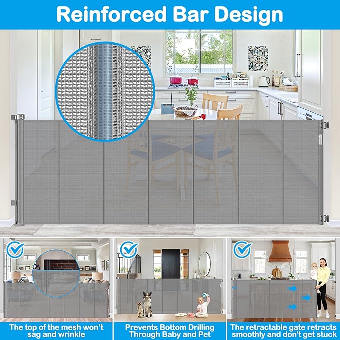 Reinforced 42" Extra Tall X 100" Extra Long Baby Gate for Large Openings with Reinforced Bars Retractable Pet Gate for Dogs Extra Wide Retractable Baby Gate No Sagging Extra Tall Retractable Dog Gate