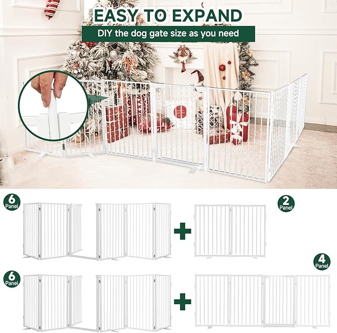 Snagle Paw Full Metal Freestanding Dog Gate with Door, 120” W x 24” H Pet Gate with Support Feet for Doorways, Stairs and Hallways, Portable Dog Fence for Indoor Use (24" 6 Panel, White)