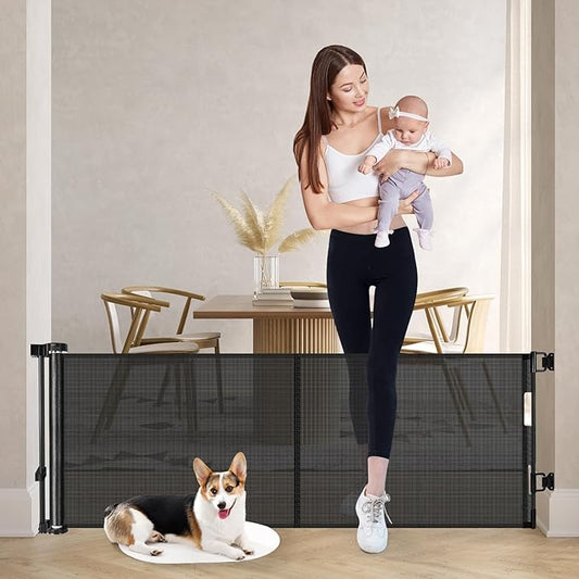 Reinforced 24 Inch Tall Retractable Baby Gates, Short Dog Gates to Step Over, Expands 0-55 Inches Wide, Mesh Pet Gate with Support Rods, Small Puppy Gates for the House, Black