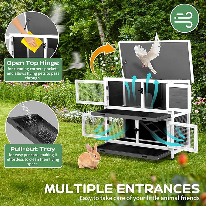2 Story Rabbit Cage/Guinea Pig Cages,32.7”H Solid Wood Bunny Cage with Pull-Out Trays Waterproof Roof, Indoor Outdoor Rabbit Hutch Guinea Pig Cage Pet House for Small Animals