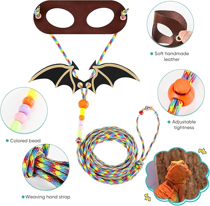 LIKZINWA Bearded Dragon Lizard Leash Harness,4 Size Pack Adjustable Small Animal Harness for Reptile and Small pet (New Dinosaur Wing)
