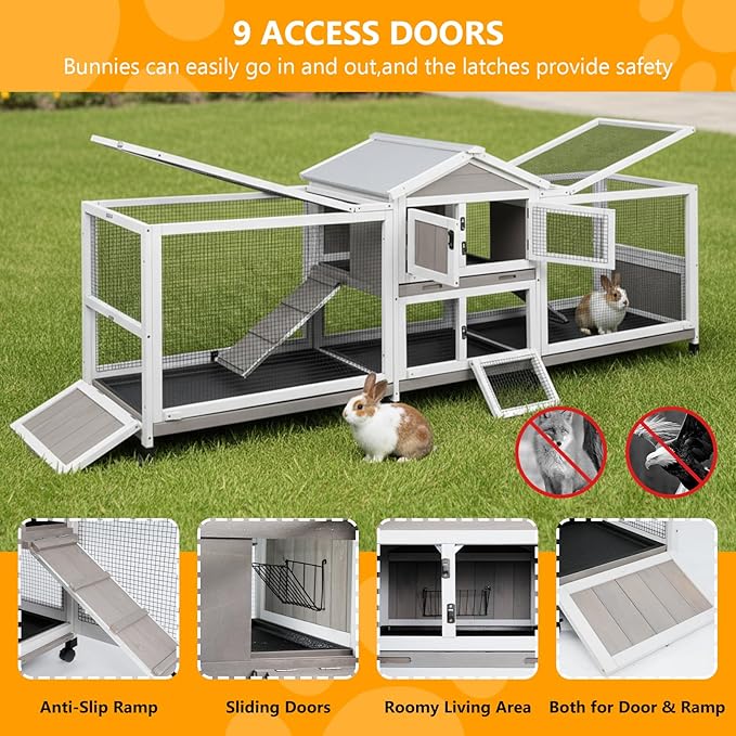 Gowoodhut 2 Story Rabbit Hutch Indoor & Outdoor Wooden Rabbit Cage 93" Bunny Cage with Dual Metal Run,8 Wheels,4 Leak-Proof Trays,Anti Chew Ramp,Small Pet House for 1-3 Rabbits,Guinea Pigs Hamster