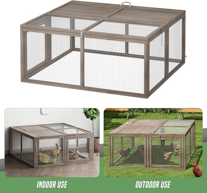 Portable Folding Chicken Coop Rabbit Hutch, Small Animal Playpen with Top & Side Doors for Chickens, Rabbits, and Poultry, 45.5 x 42.5 x 20 inch Grey