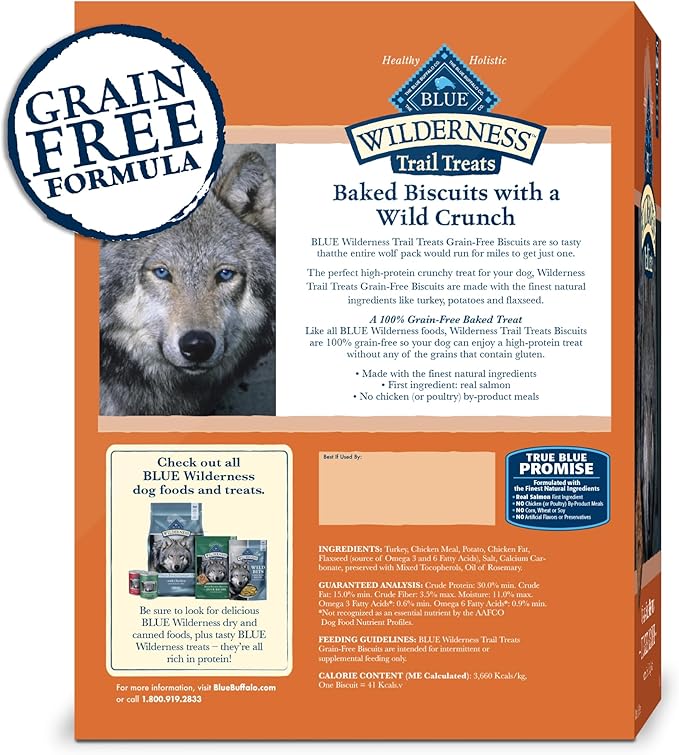 Blue Buffalo Wilderness Trail Treats Crunchy Dog Biscuits Grain-Free and High-Protein Dog Treats, Turkey Recipe 36-oz Box (Pack of 3)