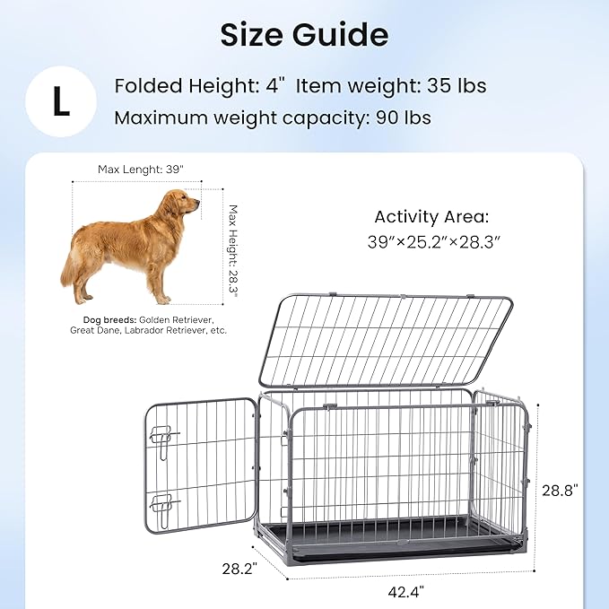 ZOMISIA Collapsible Dog Crate for Large Dogs - 42 inch Escape Proof Metal Dog Kennel with Double Door, Easy Assembly Foldable Dog Cage with Removable Tray, Indoor Outdoor Use, Silver Gray