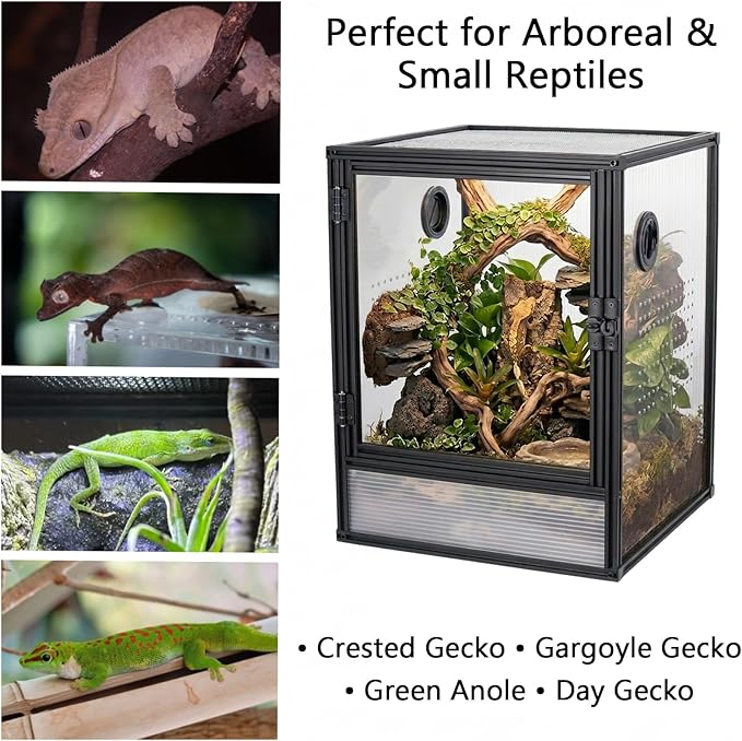 30 Gallon 18x18x24 Tall Terrarium, Aluminum Frame Gecko Tank with Clear Ventilated PC Panels, Mesh Top, Locking Door for Crested Gecko Chameleon