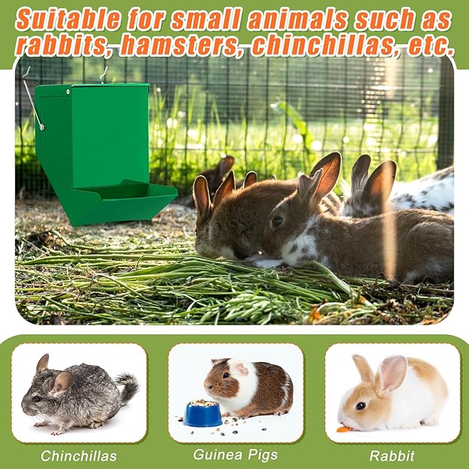 Maxcheck 2 Pcs Rabbit Feeder for Cages Small Animal Food Pellet Dispenser with Lid Metal Chicken Grit Oyster Shell Squirrel Feeders Outside(4.7 Inches,Solid Bottom,Green)