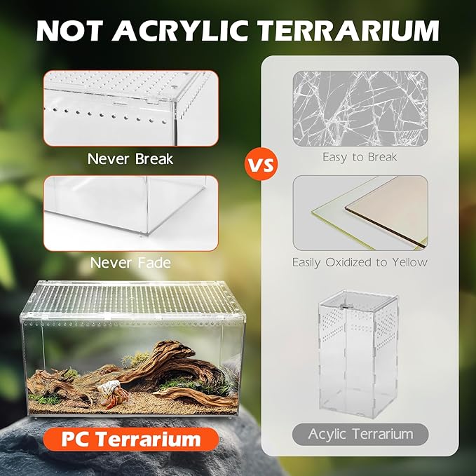 AZV Escape Proof Reptile Terrarium,Shatter Proof Polycarbonate Tarantula Tank with Magnetic Lid,Ventilated Spider Enclosure,360° Clear View,Easy Clean Habitat for Gecko,Frogs,Insects,Hermit Crabs XL