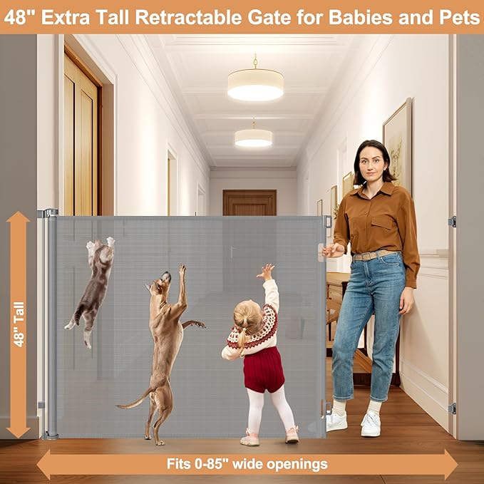 4ft Extra Tall Retractable Baby Gates for Doorways 48 Inch Tall Retractable Dog Gate Indoor 85" Wide Child Gate for Stairs High Mesh Puppy Gates for the House Prevent Kids/Pets from Jumping Over, Gray