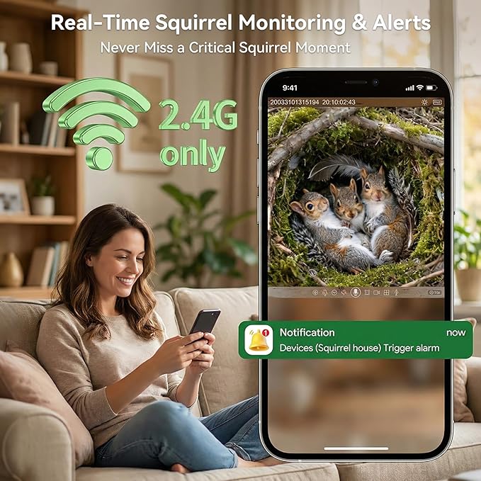 Smart Squirrel Box with Camera Solar Powered, Squirrel House with Camera 2K HD Wi-Fi Auto Detection & Night Vision, Predator-Proof Squirrels House for Outside Nesting, APP Control, 2.4G Only