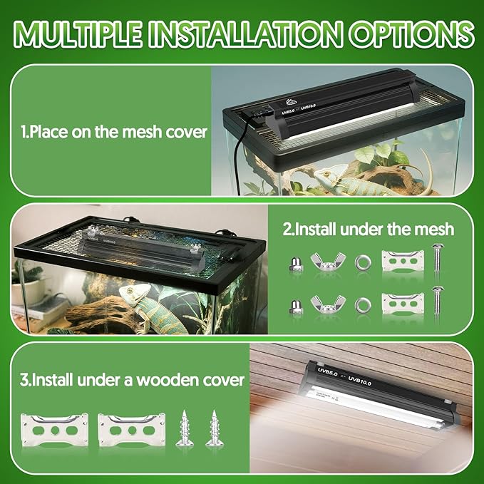 QZQ T5 UVB Reptile Light Fixture Combo Kit 8W, UVB Light for Reptiles with Switchable 5.0 & 10.0 UVB Output, Terrarium Hood Lamp for Bearded Dragon, Snake, Gecko, Tortoise, Lizard