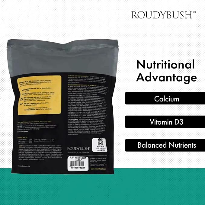 Roudybush Low Fat Food for Adult Birds & Chicks - Scientifically Formulated Bird Feed - Bird Food Pellets w/ Corn, Wheat, Soy & More - Nutritious & Healthy Feed for Birds (Mini, 44oz)