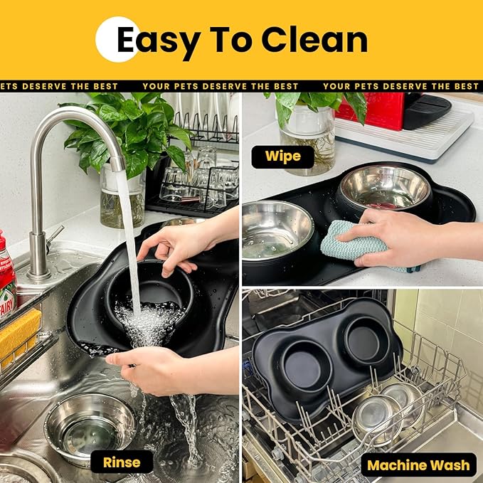 Conlun Dog Bowls with Non-Slip Silicone Mat, Spill Proof Large Food & Water Bowls Set, Easy Clean Dog Food Dish, Dishwasher Safe, Suitable for Dogs Cats Pet Under 90lbs, Large, Black