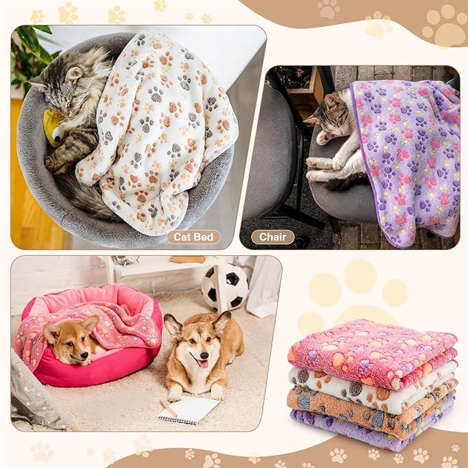Tatuo 4 Pcs Dog Blanket for Pet Cat Blankets Indoor Puppy Teething Stuff Toys Paw Print Fleece Blanket Warm Sleep Mat for Guinea Pig Cage(White, Coffee, Pink, Purple,Small(24 x 16 Inch),Square)
