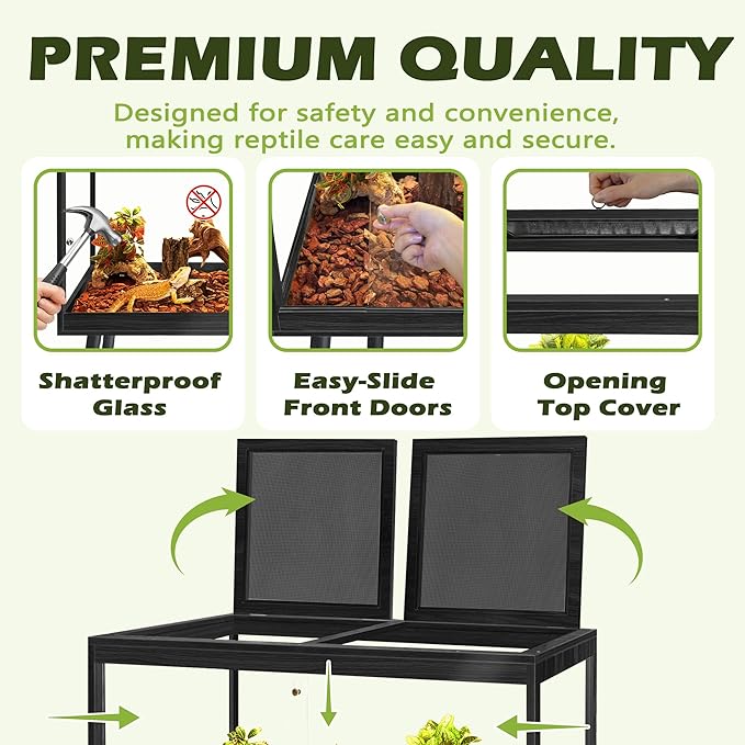 PROLEE Bearded Dragon Tank with Leg, 30 Gallon Tempered Glass Lizard Tank, Reptile Enclosure with Metal Mesh and Lockable Door, Reptile Tank for Snakes,Chameleon (Black, 24x15.5x15.5 Inch)