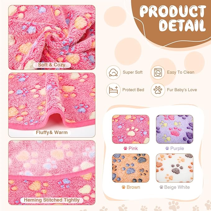 Tatuo 4 Pcs Dog Blanket for Pet Cat Blankets Indoor Puppy Teething Stuff Toys Paw Print Fleece Blanket Warm Sleep Mat for Guinea Pig Cage(White, Coffee, Pink, Purple,Small(24 x 16 Inch),Square)