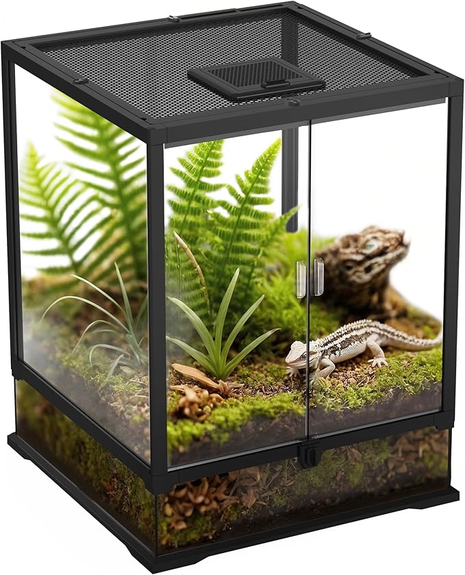 18’’18’’24’’ Reptile Terrarium with Full View Tempered Glass, 32 Gallon Reptile Habitat Comes with Feeding Port and Mesh Top Vent, Suitable for Reptiles Such as Lizard, Gecko and Snake