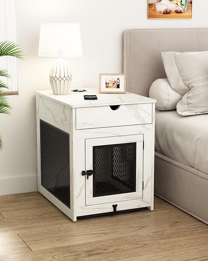 Piskyet Dog Crate Furniture,Wooden Dog Crate End Table with Storage Drawer&Cushion&Tray, QC3.0 Wireless Charging,Dual USB,Small Dogs Marble White