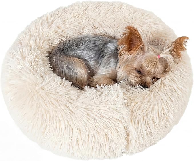 Extra Small Dog Bed 19 Inch,Calming Donut Puppy Bed,Ultra Soft Faux Fur Round Dog Bed for Chihuahua Yorkie Maltese Pomeranian,Beige