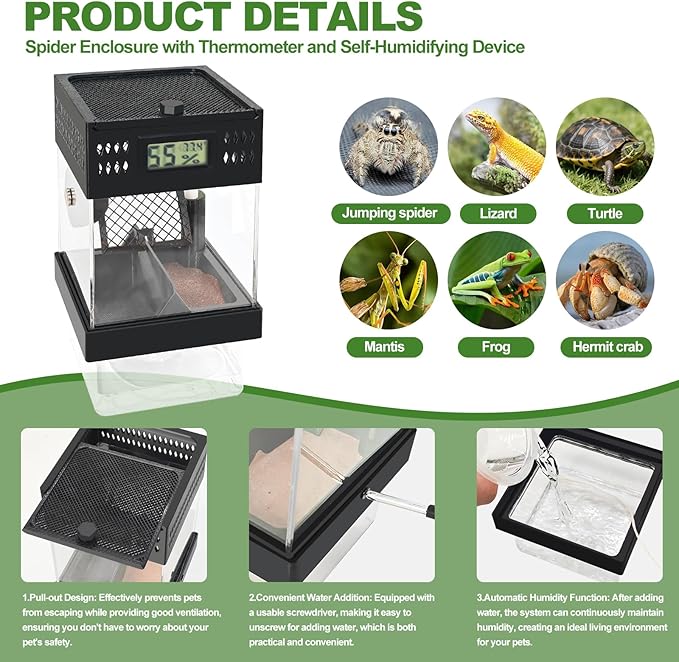 Pre-Assembled Jumping Spider Enclosure,Spider Enclosure with Thermometer and Self-Humidifying Device,Insect Terrarium with All-Side Ventilation, Praying Mantis Habitat,Includes a Hideout.