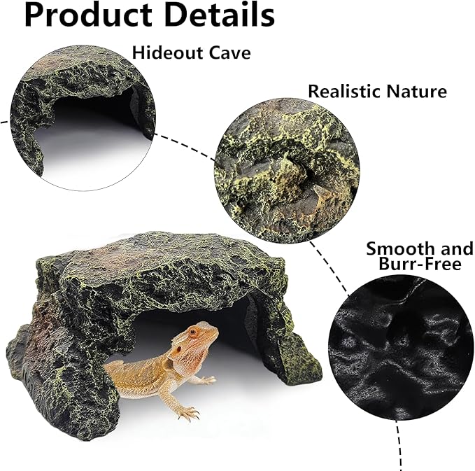 BNOSDM Reptile Hideout Rock,Tortoise Hide Cave,Resin Rock,Lizards Hideaway,Turtle Basking Platform,Reptiles Habitat Decor Tank Accessories for Bearded Dragon Gecko Snakes Chameleon Frogs