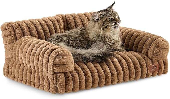 Hollypet Fluffy Dog Cat Bed Pet Couch Beds Plush Soft Warming Washable Puppy Bed for Small Medium Dogs and Large Cats, Brown, 24" L x 18" W x 10" Th