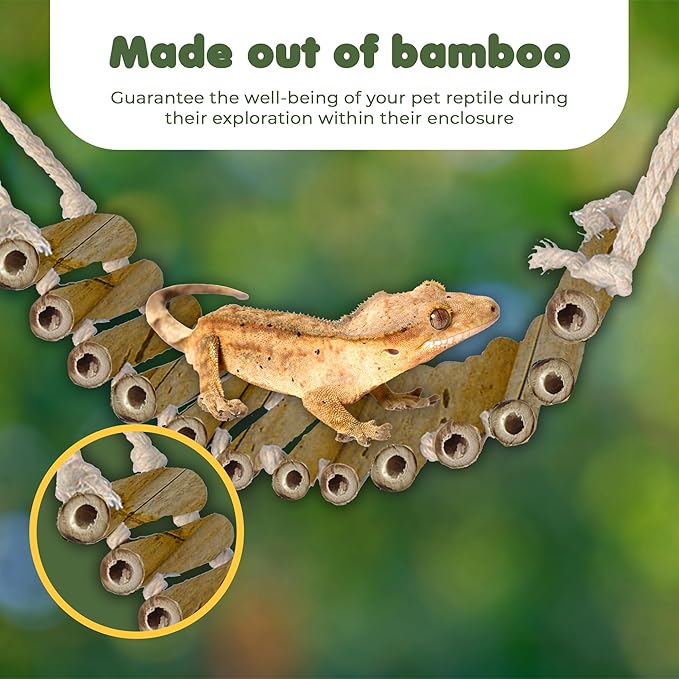 SunGrow Bamboo Gecko Reptile Climbing Bridge and Lizard Lounge, 18” Swinging Hideout Bridge, Helps Leopard Geckos with Thermoregulation, Increases Habitat Space, Can Be Submerged in Water