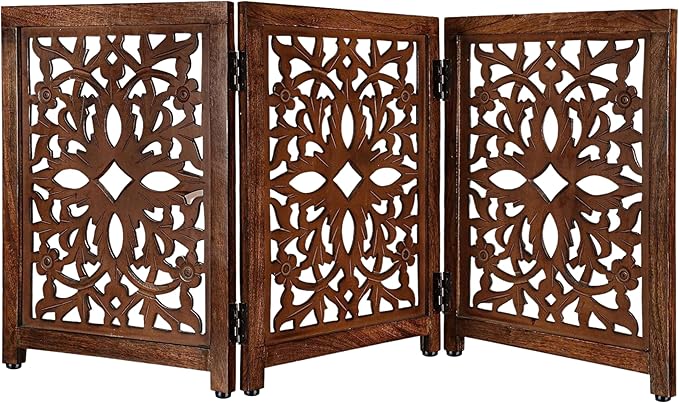 Lightnpro Wooden Pet Gate - Decorative Carved Foldable Dog Gate, Extra-Wide Freestanding Indoor Safety Fence for Dogs & Cats, Perfect for Stairs, Hallways & Home Décor - 24x18 Inch Natural Burnt