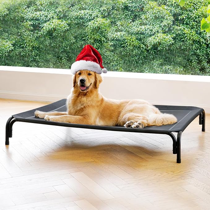 Elevated Dog Bed Raised Outdoor Dog Cot for Extra Large Dogs, Installation Requires No Tools, Frame with Washable Cooling Breathable Mesh Anti-Slip Feet, Indoor Pet Bed, Black, 48.8 Inches