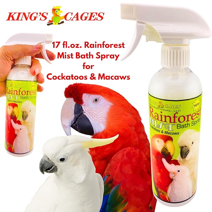 King's Cages Rainforest Mist White Spray 17 oz. Feather Conditioning Bath Mist with Vanilla Scent for Cockatoos and Macaws Parrots