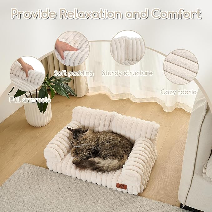 Hollypet Fluffy Dog Cat Bed Pet Couch Beds Plush Soft Warming Washable Puppy Bed for Small Medium Dogs and Large Cats, Cream, 24" L x 18" W x 10" Th