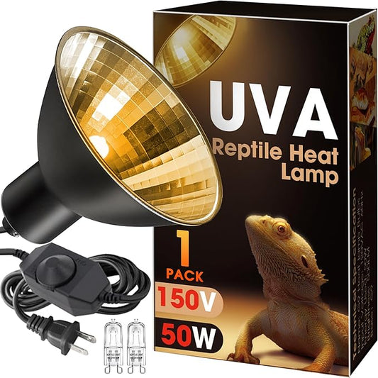 Briignite Reptile Heat Lamp 50W G9 Halogen Heat Bulb & Dome Reptile Light Fixture, Aluminum Reflector, UVA Basking Light for Reptiles, Dimmable Heat Lamp for Chicken Turtle Snake Gecko Lizard