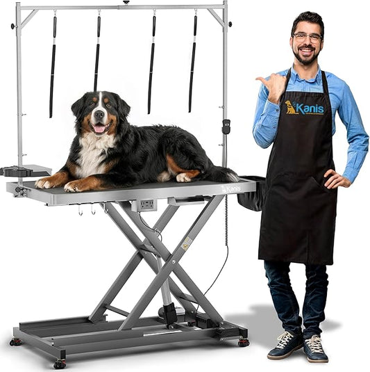 KANIS Professional Electric Dog Grooming Table - Heavy Duty, Height Adjustable Pet Grooming Table w/Leveling Wheels, Dog Grooming Arm, Anti-Slip Tabletop & Tool Organizer (Grey, 49")