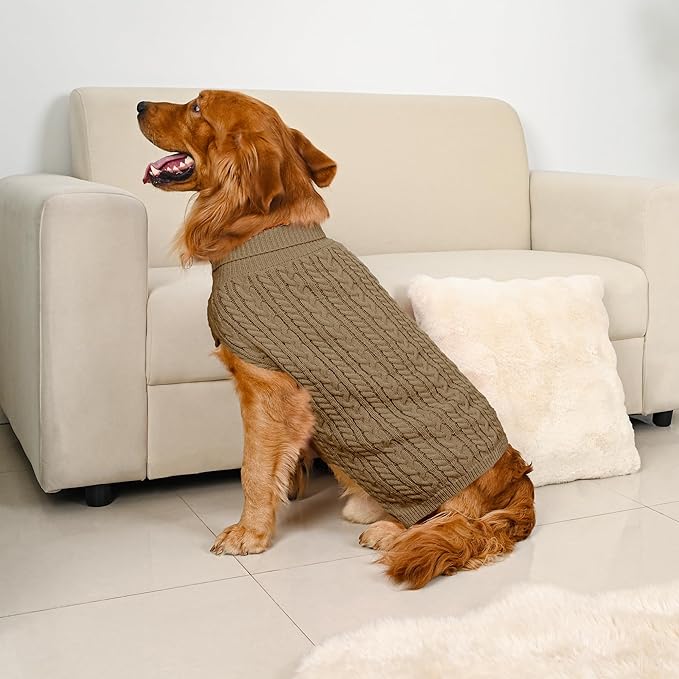2 Pack Dog Sweaters for Large Dogs Winter Turtleneck Pullover Cable Knit Fleece Stretch Pitbull Labrador Golden Retriever Doberman Bulldog Boy Girl Pet Clothes (XL, Green & Brown)