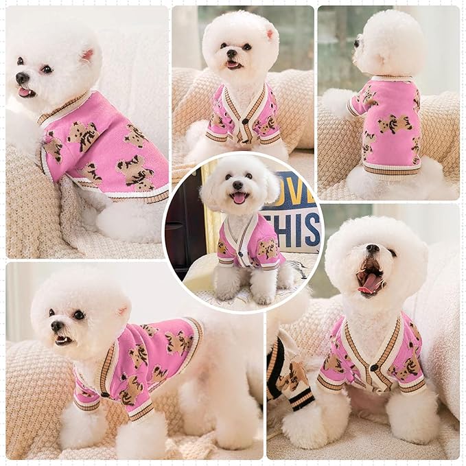 ABRRLO Small Dog Sweaters Cute Bear Dog Cardigans Clothes for Small Medium Dogs Boy Girl Puppy Cat Knitting Cardigan Outfits Dogs Winter Coats Warm Pet Doggy Clothes Soft Knitwear (Pink, X-Small)
