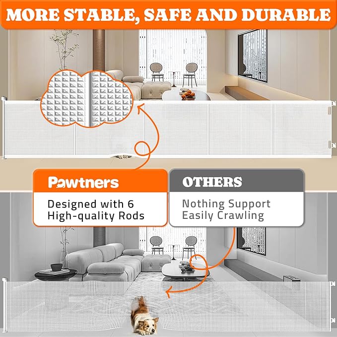 Pawtners Retractable Baby Gates Extra Wide, 41" Tall Extends up to 120" Wide, Dog Gate Indoor for Stairs, Pet Gate with Support Rods for Doorways Hallways Indoor & Outdoor-White