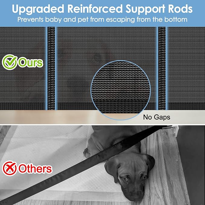 Reinforced Retractable Baby Gates with Support Rods, Extends up to 55” Wide, Retractable Dog Gate for Doorways Prevent Bottom Crawling Through, Mesh Pet Gate for Stairs Indoor Outdoor, Black