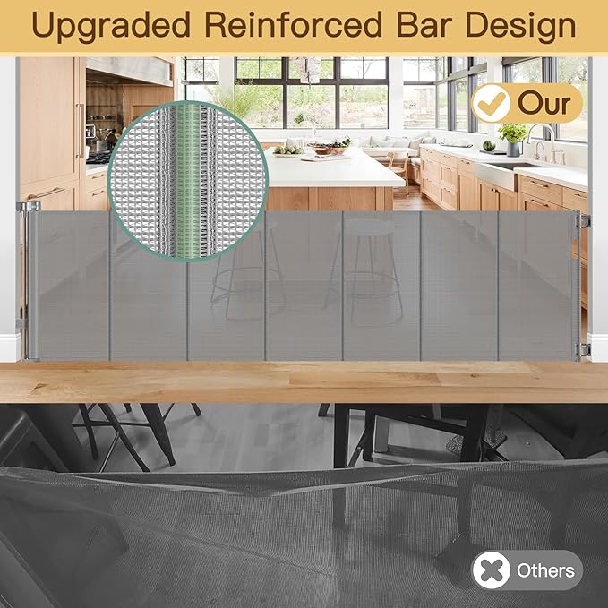 Reinforced 200 Inch Extra Long Baby Gate For Large Opening to Prevent Crawling Under, 16 ft Retractable Dog Gate for Doorway Extra Wide, Outdoor/Indoor Retractable Baby Fence to Separate Playroom,Gray
