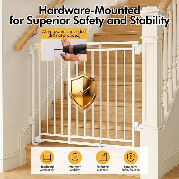 Extra Tall Baby Gate for Stairs Doorways & Kitchen, 26.4"-43" W x 39" H, No Bottom Bar Dog Gate, One-Handed Auto-Close, Hardware Mount Safety Gate for Dogs & Toddlers, White