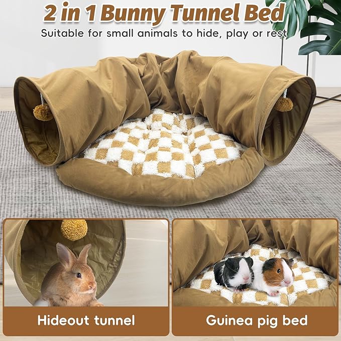 PINVNBY Large Bunny Tunnel Bed Removable and Cozy Guinea Pig Hideout Tunnel Washable Small Animal Tunnels Tube Toys Guinea Pig Accessories for Rabbit Chinchilla Hedgehog Ferret (Khaki)