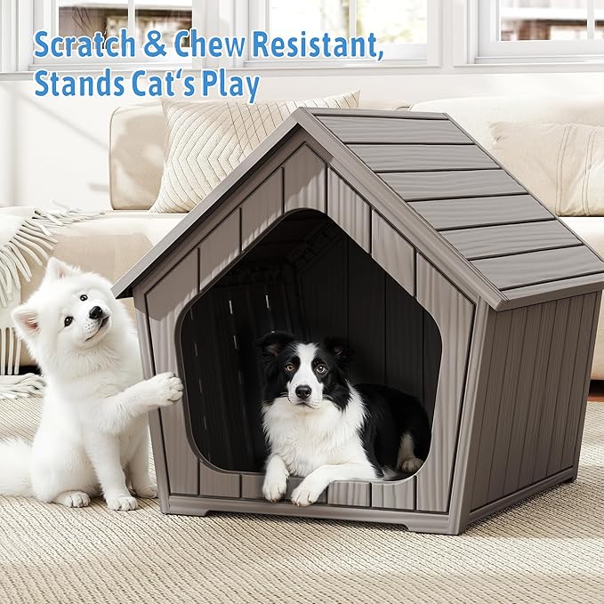 Fancyango Dog House Outdoor Indoor for Small Dogs - Plastic Pet Shelter, Easy-Assemble & Weather-Resistant for Living Room, Balcony (Classic Grey, 23.43" L×22.44" W×22.24" H)