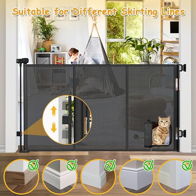 Reinforced 60” Wide Retractable Baby Gate with Cat Door 33” Tall Retractable Pet Gates with Reinforced Strips Mesh Dog Gate with Cat Door Mesh Gates for Kids or Pets Cats Can in and Out Freely,Black